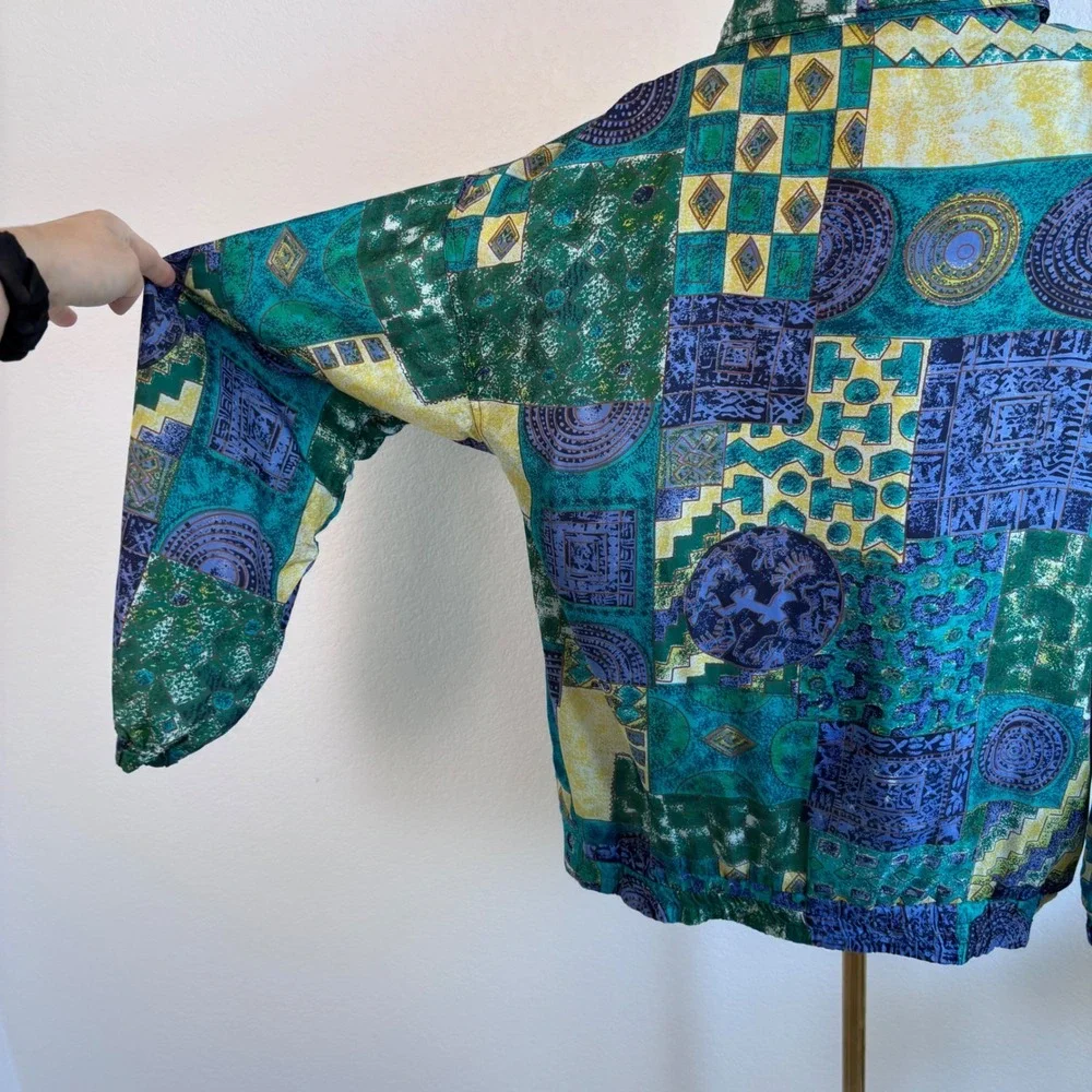 Vintage 80s 100% Silk Abstract Geometric Bomber Jacket Basic Editions Teal Large
